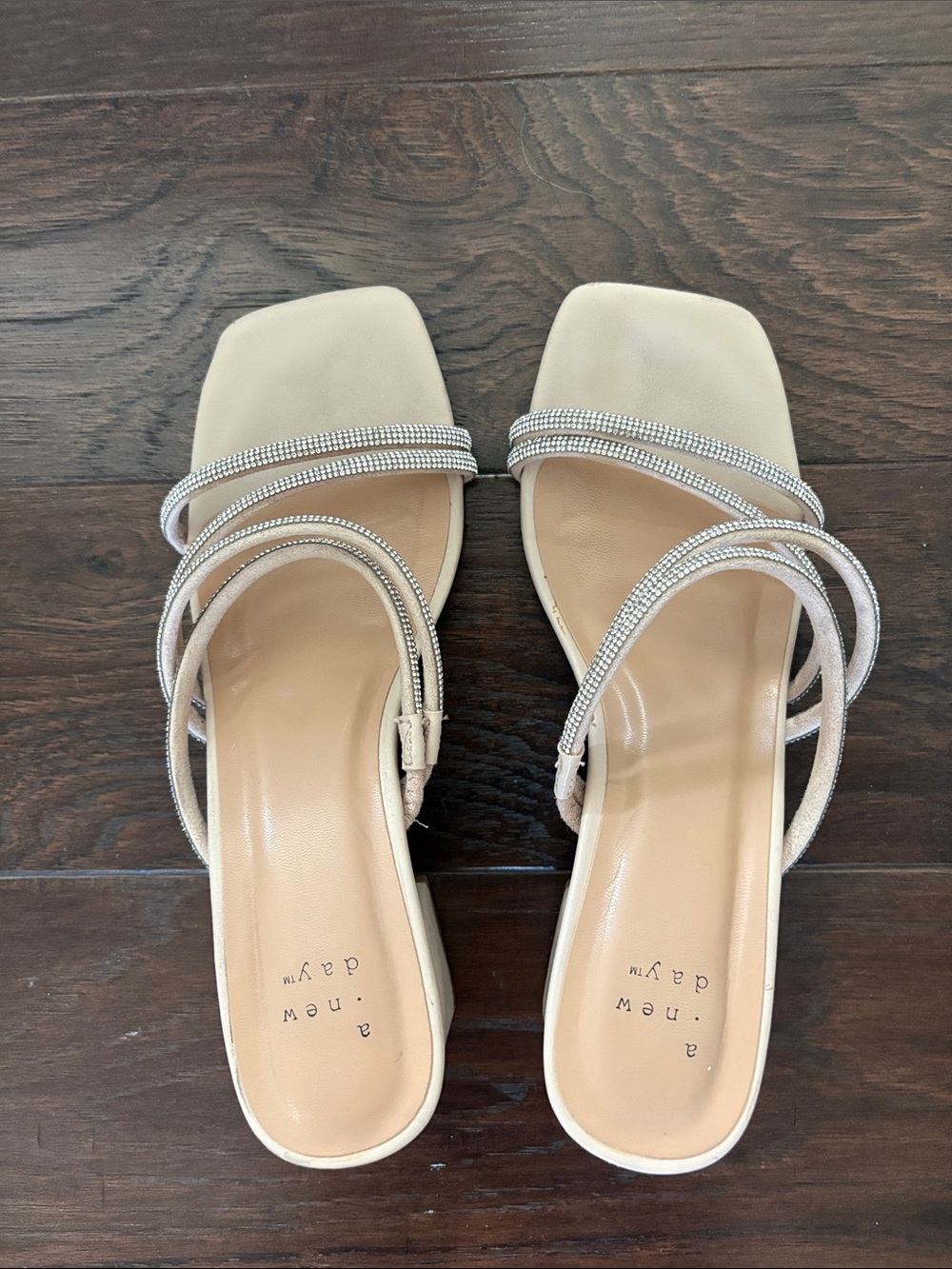 A New Day Beige Rhinestone Strap 2” heals size 7